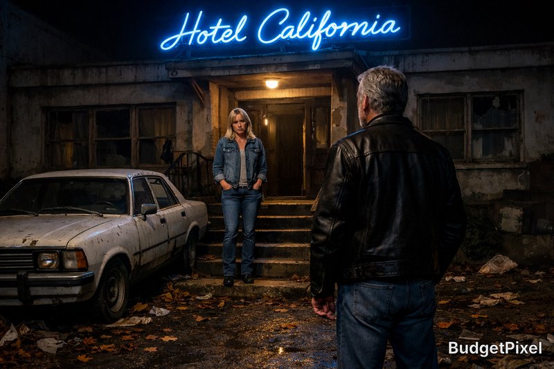 Woman in a denim jacket on the steps of a dilapidated hotel at night, facing a man in a leather jacket beside an old car.