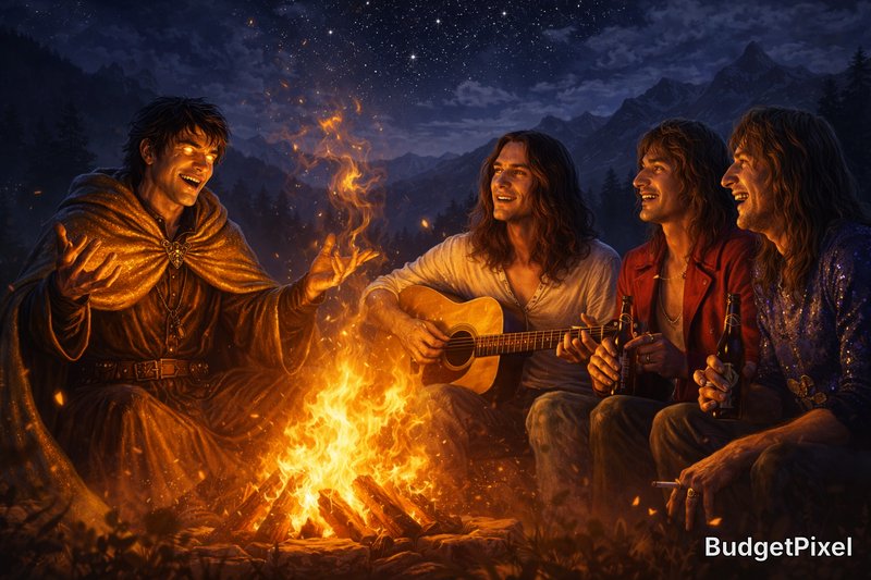 Four friends around a glowing campfire at night, with one in a cloak and others sharing music and drinks.