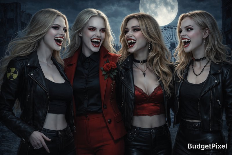 Four gothic women with fanged smiles in leather jackets and red accents under a full moon.
