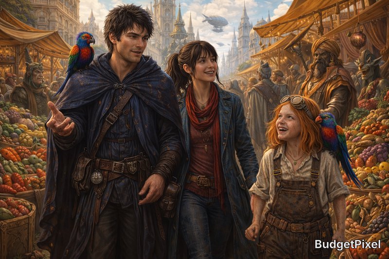 Three fantasy adventurers stroll a bustling market with colorful parrots perched on their shoulders.