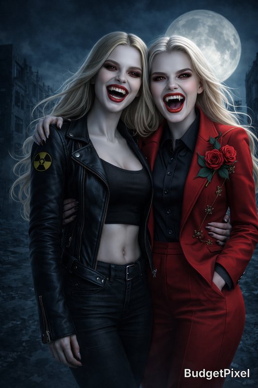 Two blonde women dressed as vampires posing together in a dark street under a full moon