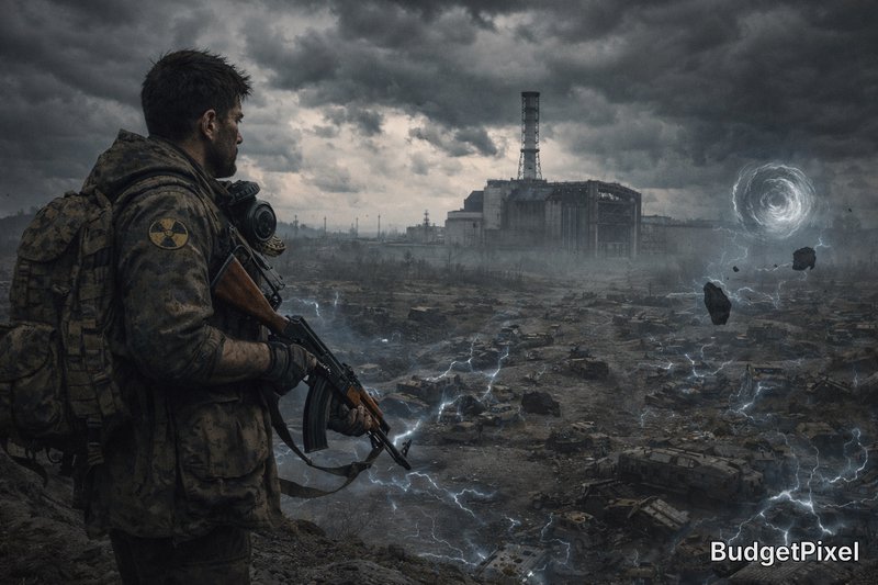 Soldier in a ruined battlefield with radiation insignia, gripping a rifle amid storm and glowing energy.