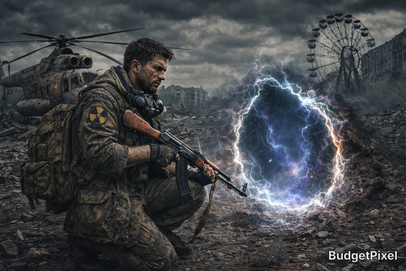 Post-apocalyptic soldier kneels with rifle beside a glowing energy portal in a destroyed cityscape.