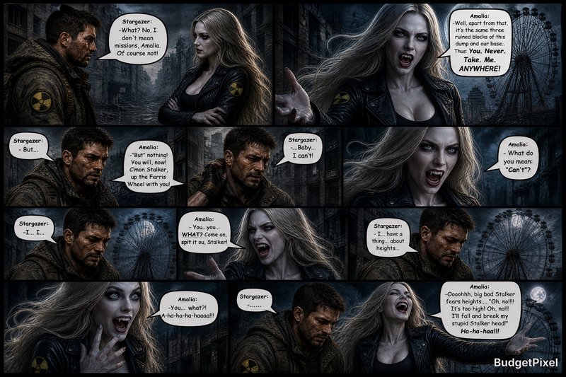 Dark comic panel featuring a rugged man and a screaming woman in a ruined city with a ferris wheel.