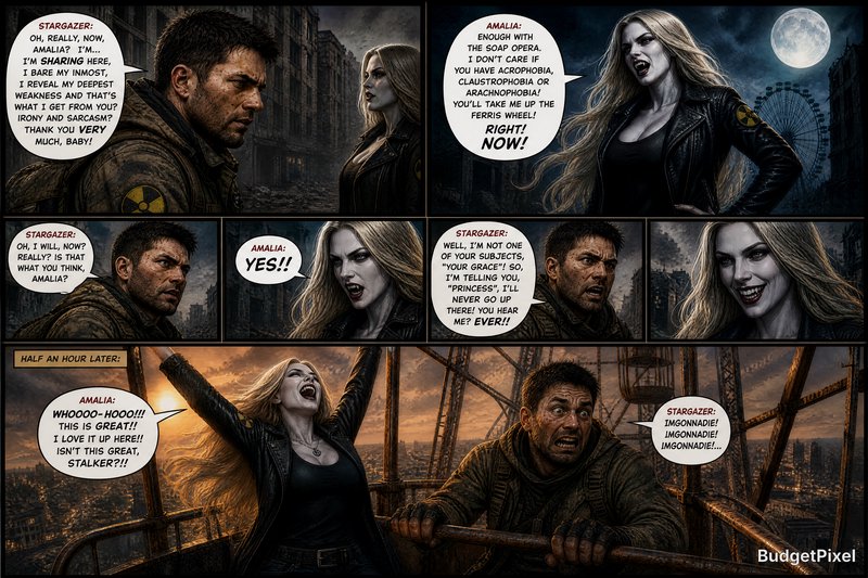 Two characters, a rugged man and a fierce woman, in a ruined cityscape across dramatic comic panels.
