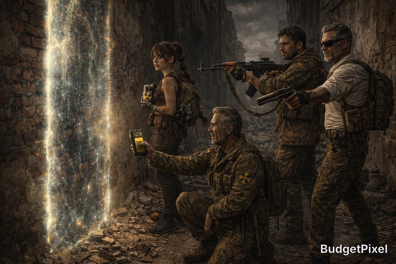 Four soldiers in tactical gear study a glowing energy barrier in a ruined urban street.