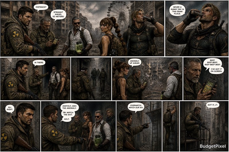 Gritty post-apocalyptic comic panel scene with soldiers and a woman in a ruined city street.