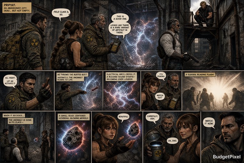 Comic panel collage of a post-apocalyptic team discovering a glowing portal in a ruined facility.