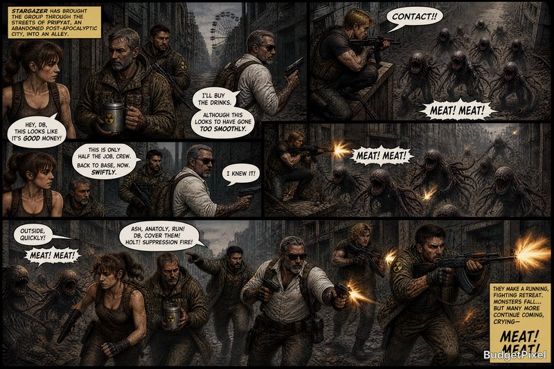 Comic-style zombie outbreak scene with armed survivors firing at advancing undead in a ruined city alley.