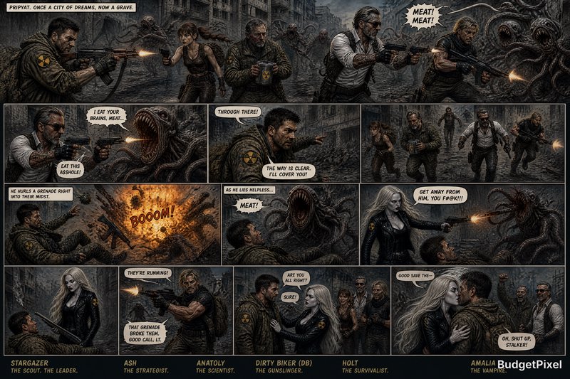 Dark post-apocalyptic comic panel with armed survivors vs. monstrous zombies in a ruined city.
