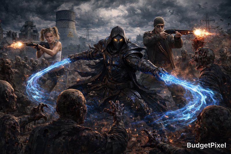 Hooded necromancer channels blue energy amid zombies, flanked by two gun-wielding survivors in a post-apocalyptic