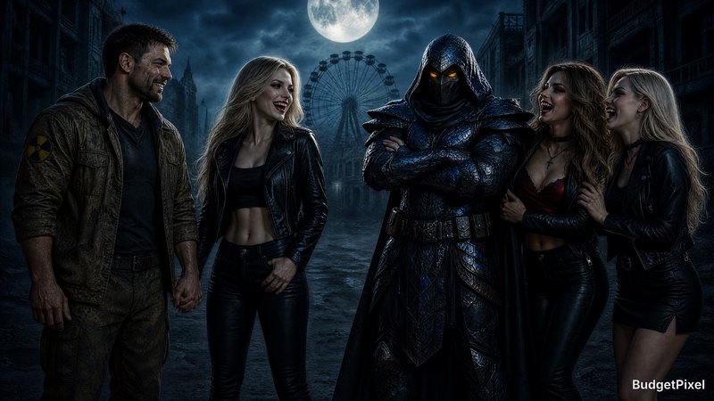 Dark fantasy group cosplay featuring a hooded armored figure flanked by stylish heroes under a full moon.