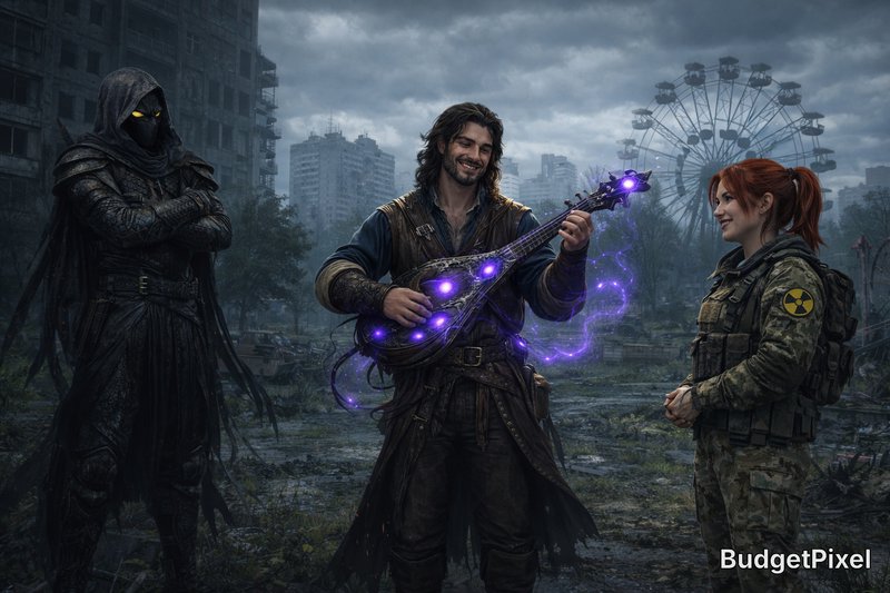 Three characters in a ruined cityscape: a hooded figure, a man with a glowing purple instrument, and a female soldier