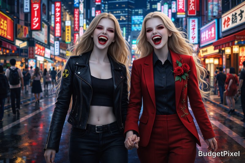 Two stylish blonde women in a neon-lit city street, one in a black leather jacket and crop top, the other in a red suit