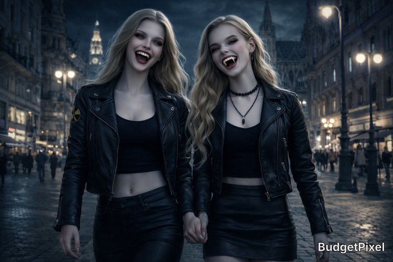 Two women in black leather jackets walk hand in hand at night on a moody urban street, smiling.