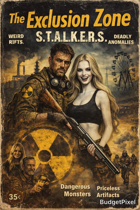 Post-apocalyptic poster with a rugged man in gear and a smiling woman holding a rifle amid a radioactive symbol and