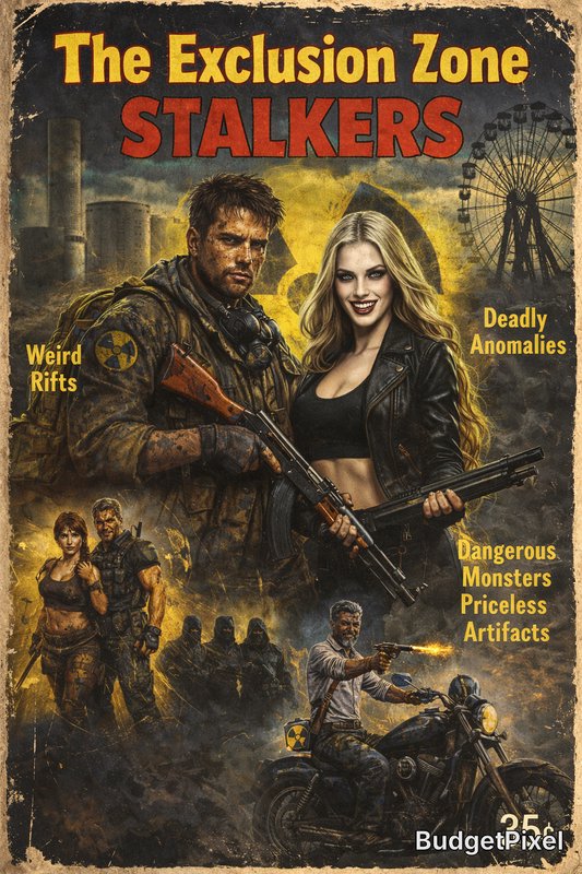 Post-apocalyptic poster showing rugged man and woman with rifles, a city ruin backdrop, and a distant ferris wheel.