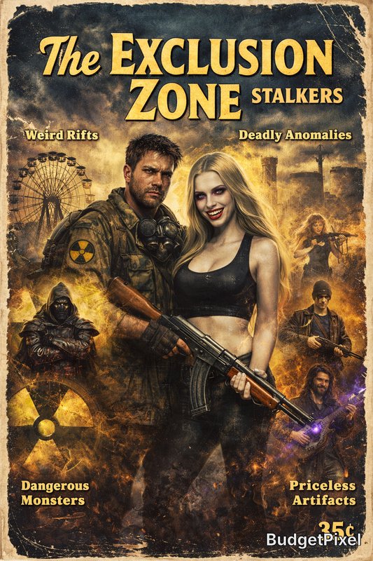 Post-apocalyptic action poster with a rugged soldier and a blonde woman holding a rifle amid flames and ruins.