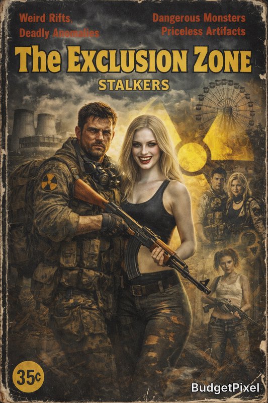Post-apocalyptic movie poster with armed soldiers and a smiling woman in a rugged wasteland.
