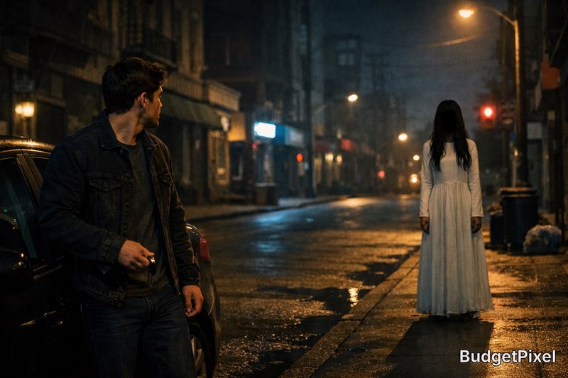 Night scene: a man by a car watches a woman in a white dress on a wet, dimly lit city street.
