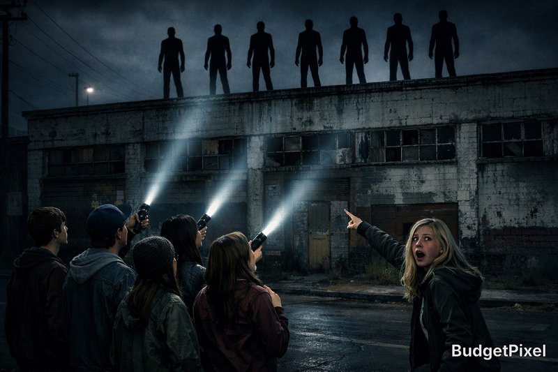 Group of people with flashlights confronts seven silhouetted figures on a rooftop at night.