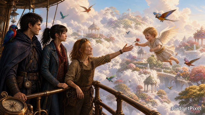 Fantasy balcony view of cloud city with a flying cherub and three travelers.