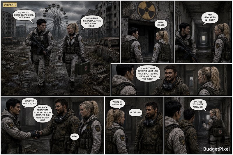 Two survivors in rugged gear walk through a ruined city with a ferris wheel in the background.