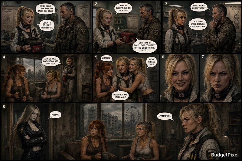 Comic-panel collage of four women in a ruined interior, trading dialogue and sharing a drink.