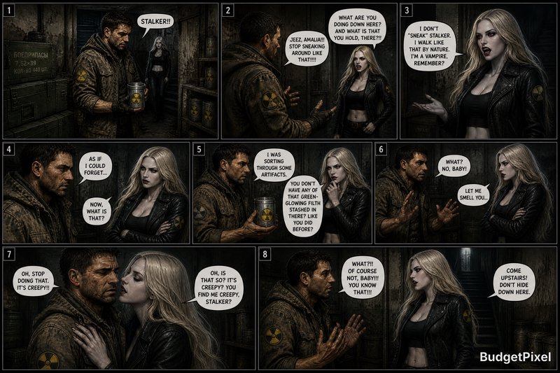 Dark comic strip panels showing a rugged man and a blonde woman in a dim warehouse, tense interaction across eight frames.