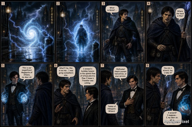 Nighttime city street with blue magical portal and two cloaked men in a dramatic comic panel sequence.