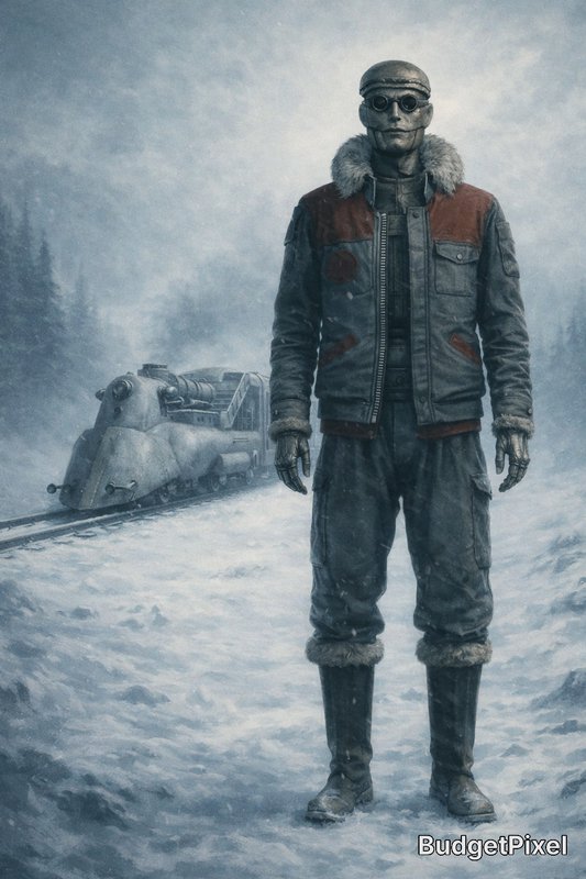 Survivalist in a snowy landscape wearing goggles and a fur-lined jacket with an abandoned train in the background.