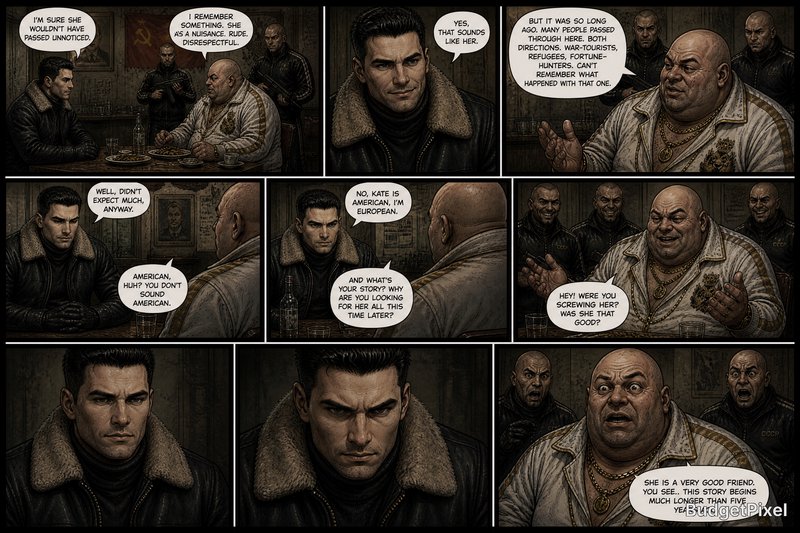 A dark, cinematic comic strip featuring male characters in a dim tavern, mid-conversation across multiple panels.