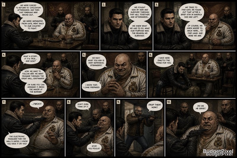 A dark, multi-panel comic strip featuring two men in a tense tavern discussion.