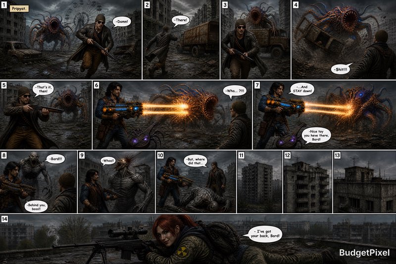 Post-apocalyptic comic panel scene with a hunter fighting a giant alien creature in a ruined city.