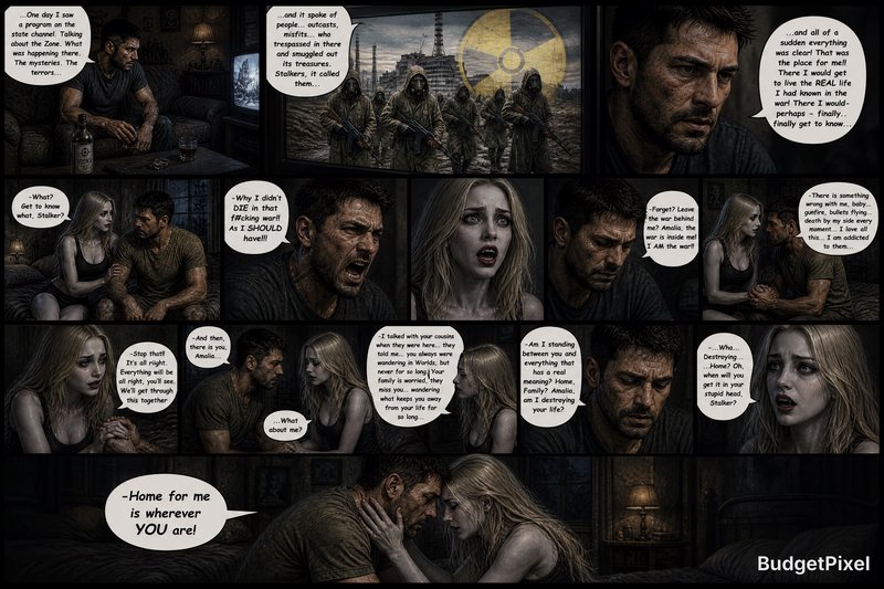 Dark comic-style montage of a distressed man and woman in a dim bar and ruined city with tense speech bubbles.