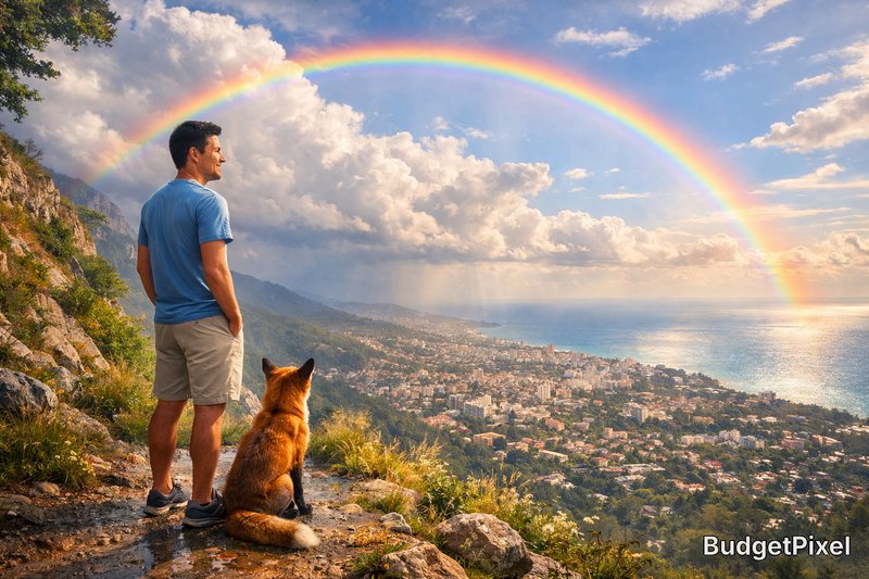 Man and dog on a cliff edge watching a vibrant rainbow over a coastal town and ocean.