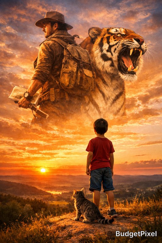 Rugged explorer with a giant tiger silhouette beside a child and a cat on a hill at sunset.