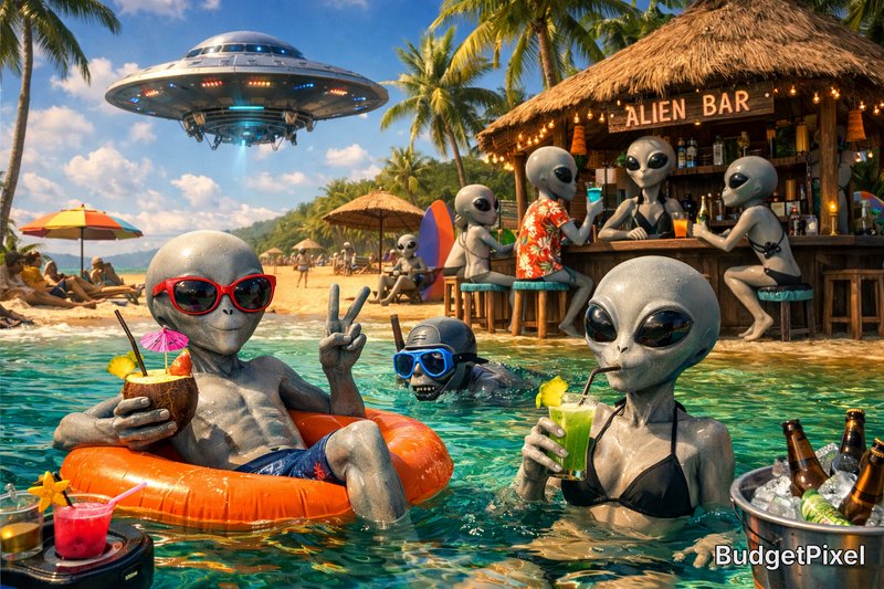 Aliens relax in a pool at a tropical beach bar, wearing sunglasses and sipping colorful drinks.