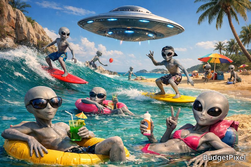 Group of aliens in swimsuits lounging on inflatables at a tropical beach with a UFO overhead.