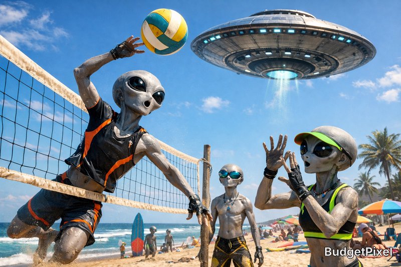Alien players volleying a beach volleyball on a sunny shore with a UFO hovering overhead.