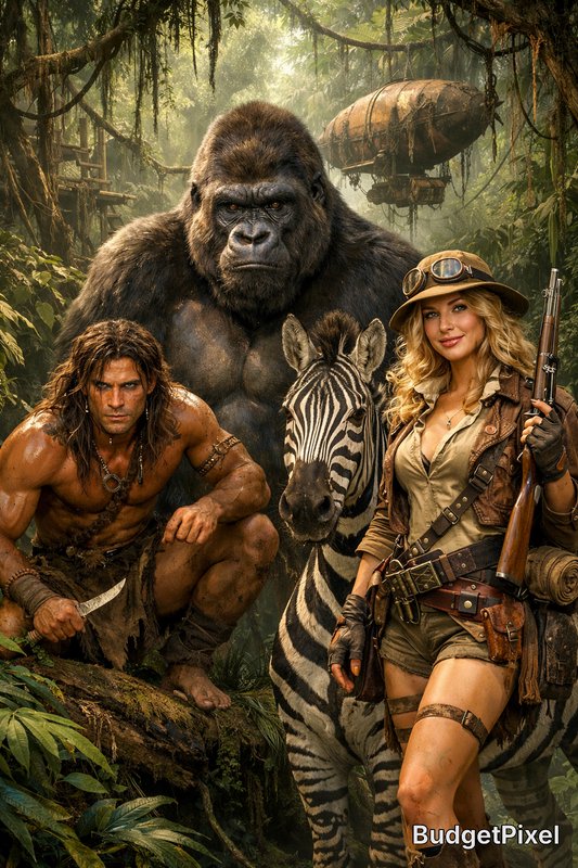 Jungle adventure scene with a muscular Tarzan, a female hunter, a giant gorilla, and a zebra in a dense rainforest.