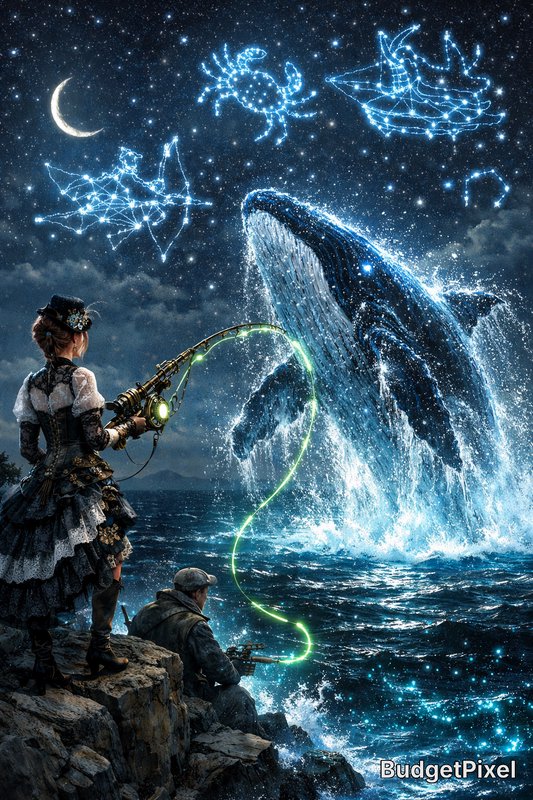 Two steampunk fishermen on rocky shore fishing as glowing constellations form in the night sky.