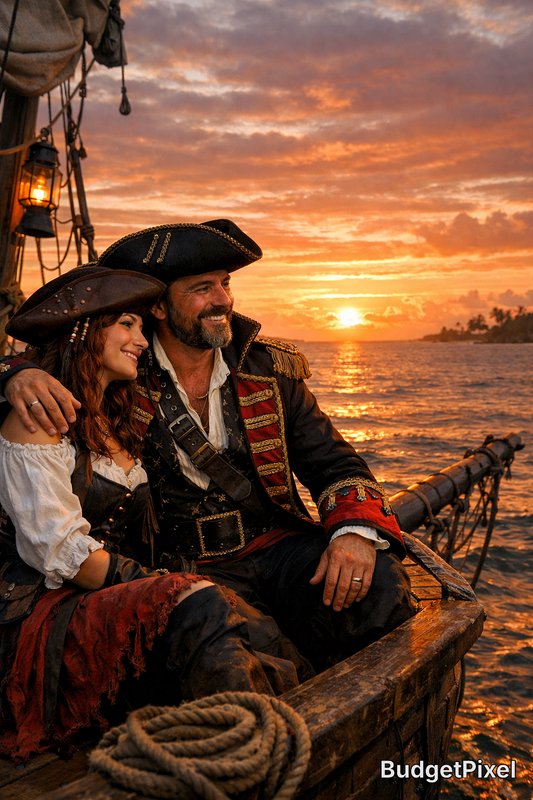 Romantic pirate couple on a wooden ship at sunset, embracing as the sun sinks over the sea.