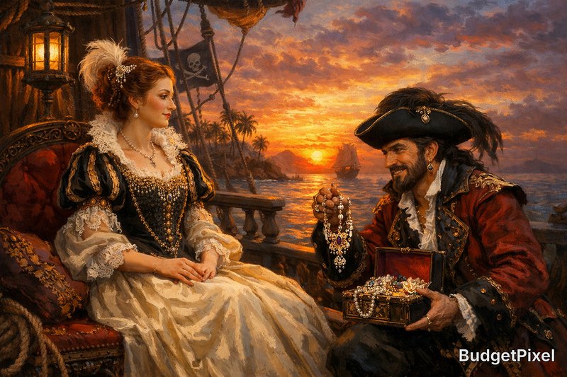 Elegant woman in ornate gown on a ship at sunset with a pirate displaying treasure.