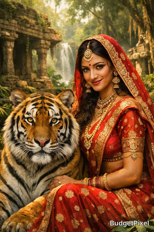 Indian bride in a red sari with gold jewelry posing beside a tiger in a jungle ruins backdrop.