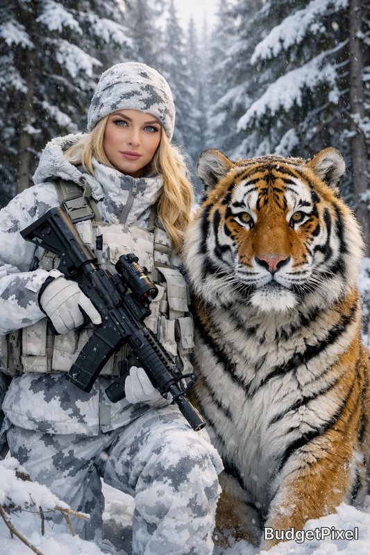 Woman in digital camouflage winter gear with a tiger in a snowy forest.