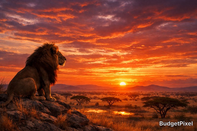 Lion seated on rocks watching a fiery African sunset over the savannah.