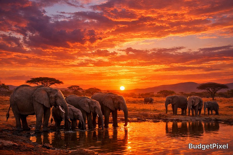 Herd of elephants drinking at a waterhole beneath a fiery orange sunset in the savannah