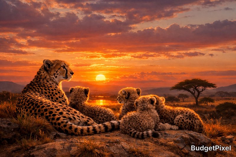 Mom cheetah with three cubs resting on a rocky outcrop at sunset over the savanna.
