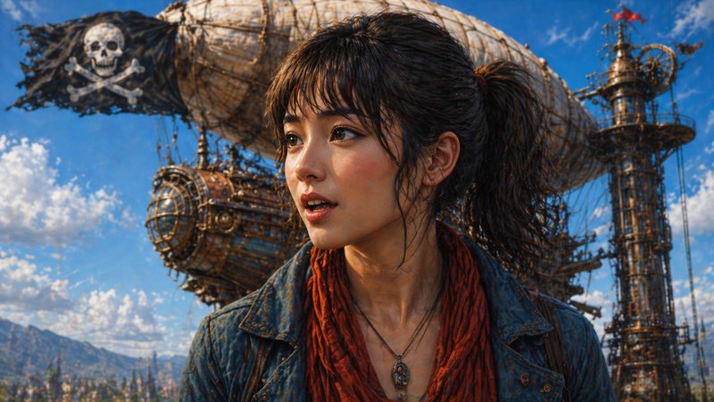 A female adventurer with dark hair in a denim jacket and red scarf, set before a massive steampunk airship with a skull flag.